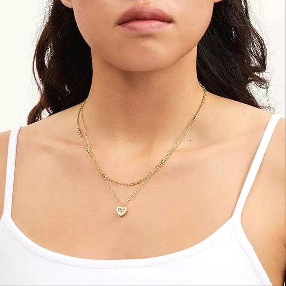 COACH GOLD HEART LAYERED NECKLACE PAVÉ PINK - Picture 2 of 2